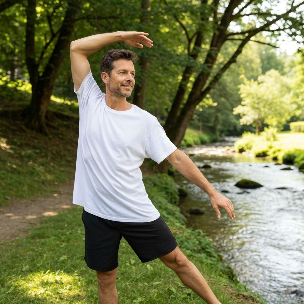 Man practicing exercise and stretching in nature